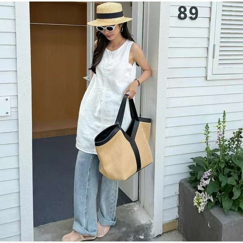 Y-Shaped Design Shoulder 2025 Brand Seaside Beach Vacation Travel Hollow Straw Large Capacity Tote Bag Casual Light Handbag