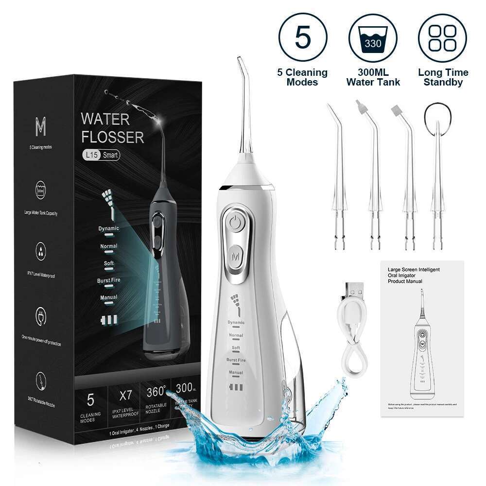 Oral Irrigator 40-140PSI Tooth Scaler 5 Speed Flosser Rechargeable Dental Water Jet 300ML IPX6 Waterproof Teeth Cleaner