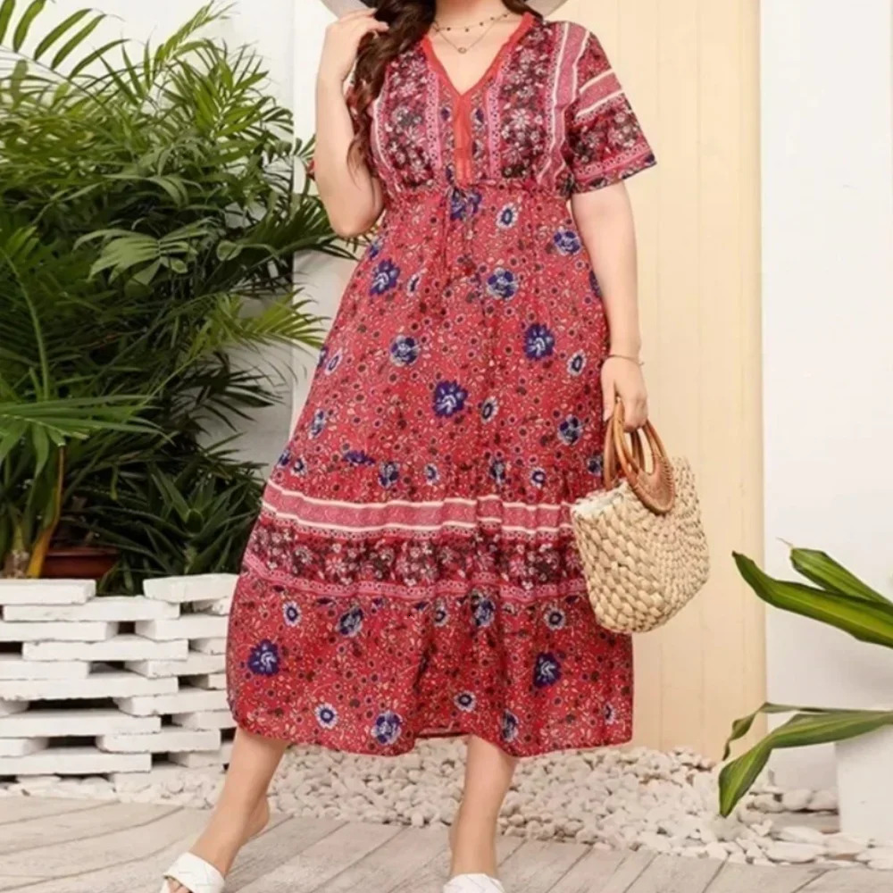 Womens L4XL Plus Size selling oversized retro floral dress with bohemian lace Vneck long skirt plus size womens clothing 250506