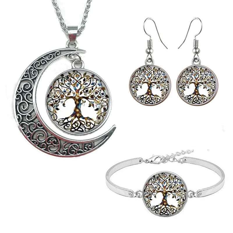 Celtic Tree Of Life Glass Cabochon Necklace Stud Earrings Bracelet Bangle Set Totally 4Pcs Women's Fashion Jewelry Creative Gift