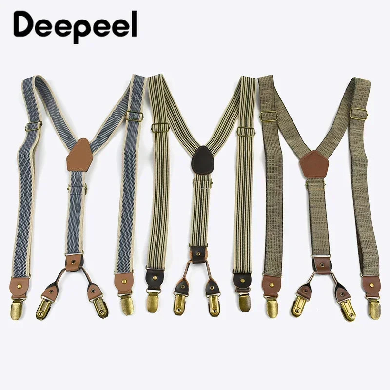 2.5cm Retro Elastic Mens Suspenders Unisex 4 Clips Y-Type Stripe Strong Strap Wide Braces Male Jockstrap Casual Mens Suspender 250515