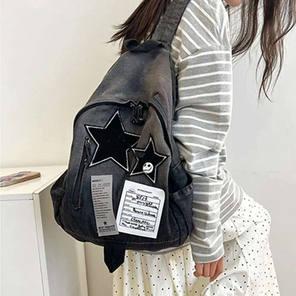 New Original Denim Star Backpack Versatile Travel For High School Students Double Shoulder Bag Vintage Feeling