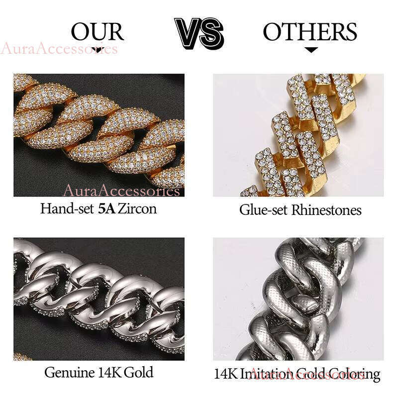 Men Jewelry Fashion Necklace 15mm Real Gold Plated Copper Zircon CZ Dia Iced Out Cuban Link Chain