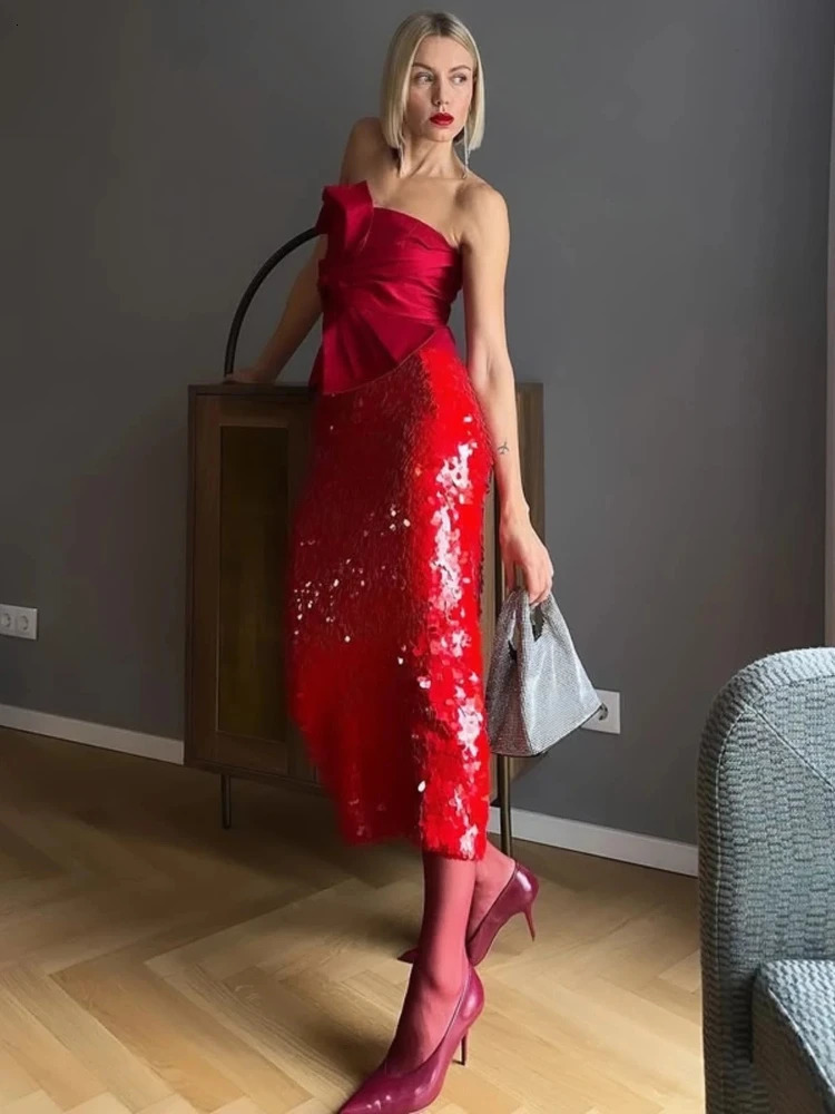 ZBZA womens red strapless tube top French tailcoat fashionable bow slim fit Bandeau tight corset elegant party tank 250506