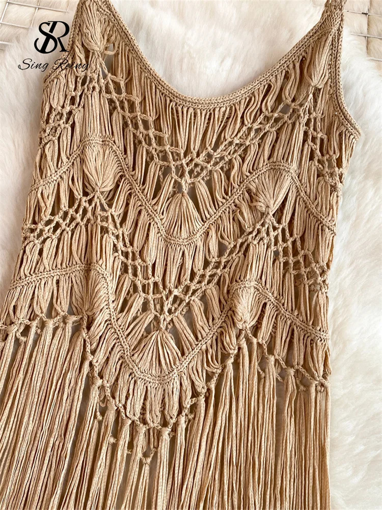 SINGREINY Retro Knitted Shirt Bohemian Vacation Beach style Summer Tank Women Strap Sleeveless Long Tassel Tops 250515