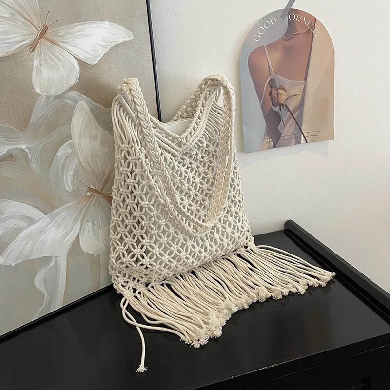 Bohemian Woven Bag for Women Trendy Tassel Shoulder Bags Ladies Casual Summer Travel Handbag Solid Color Beach Mesh Bags 250515