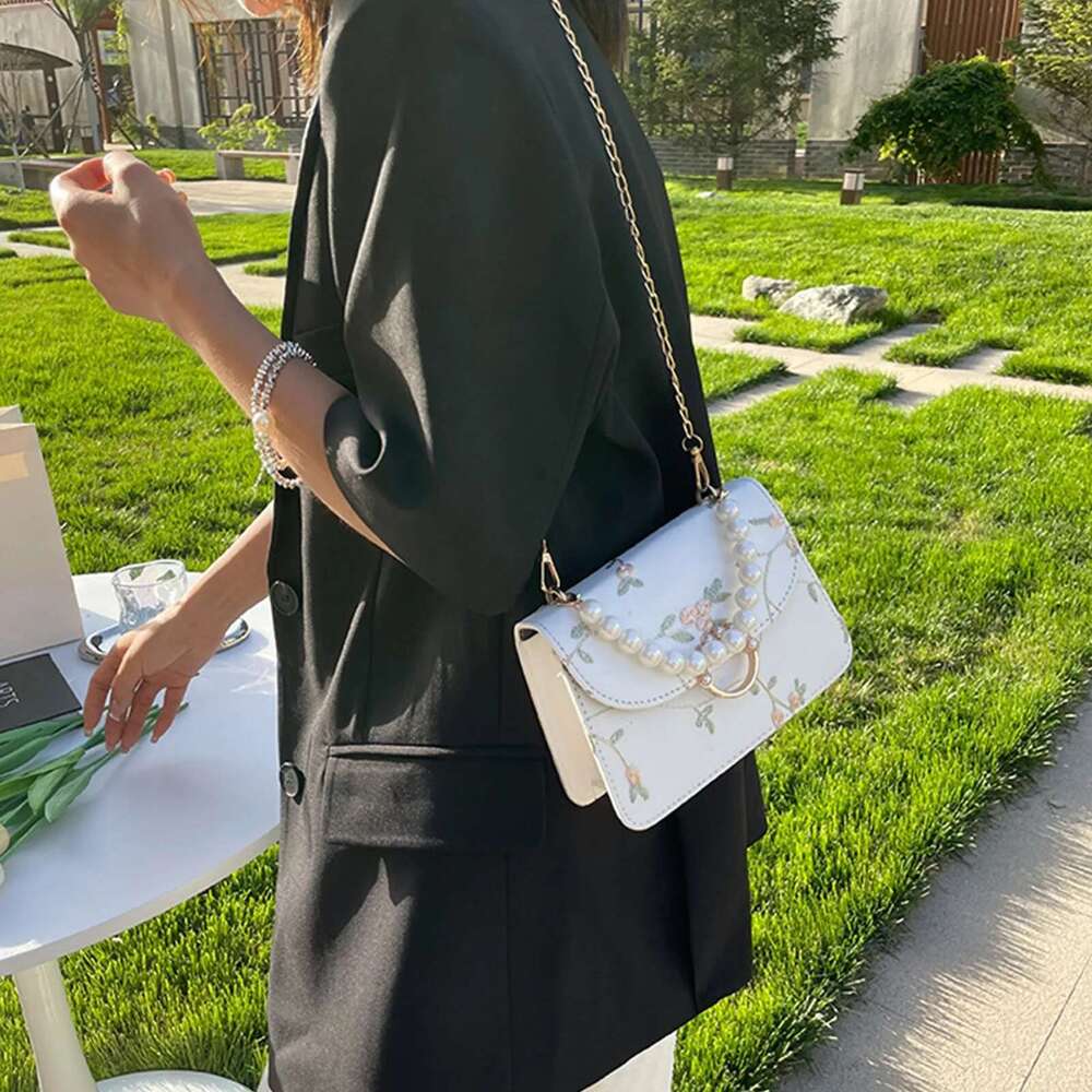 Women's Fashion Chain One Shoulder Crossbody Non-Positioning Lace Embroidery Pearl Handbag Small Square Bag Bolsas Para Mujeres