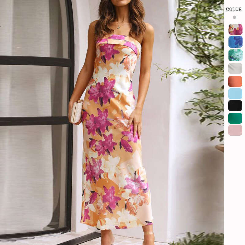 White Dress Maxi Dress 2025 Spring/Summer New Style Elegant Satin Backless Strapless Dress Printed KQ