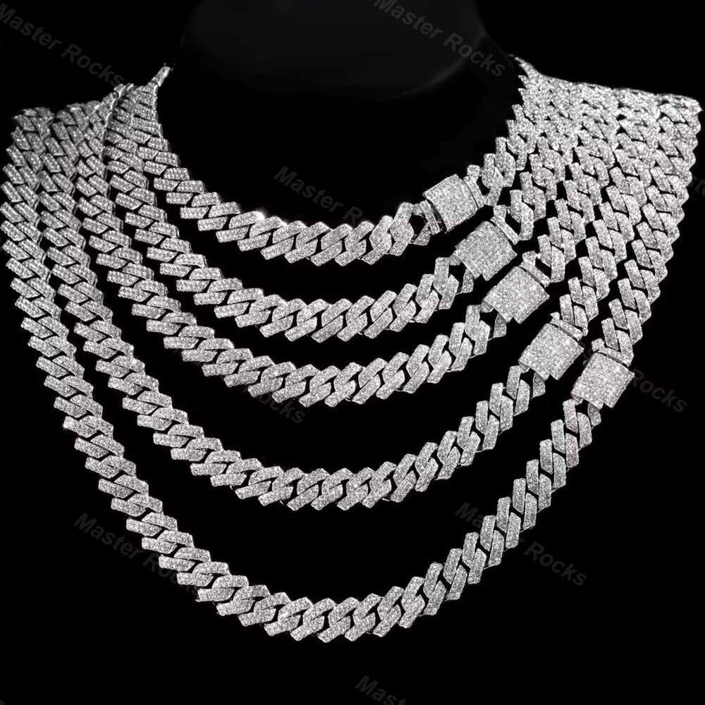 Vvs Moissanite necklace sier 10mm 12mm 14mm 2 rows gold-plated hip-hop Cuban chain