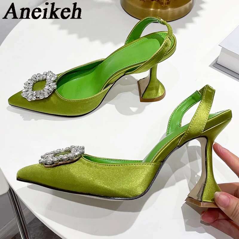 Aneikeh Brand Women Pumps Crystal Slingback High Heels Summer Bride Comfortable triangle Heeled Party Wedding Shoes