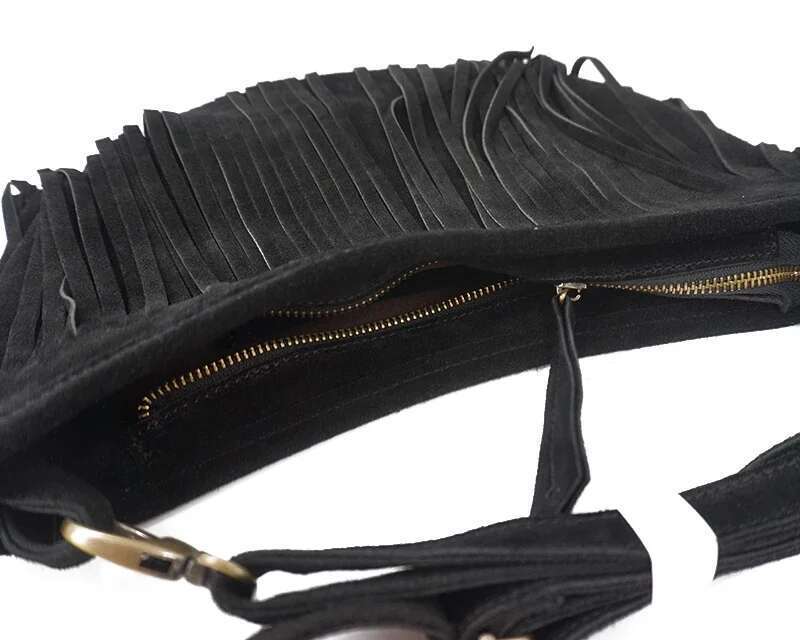 Women Genuine Leather Suede Fringed Shoulder Fashion Street Boho Hippie Gypsy Gothic Ibiza Soft Pouch Side Sling Bag
