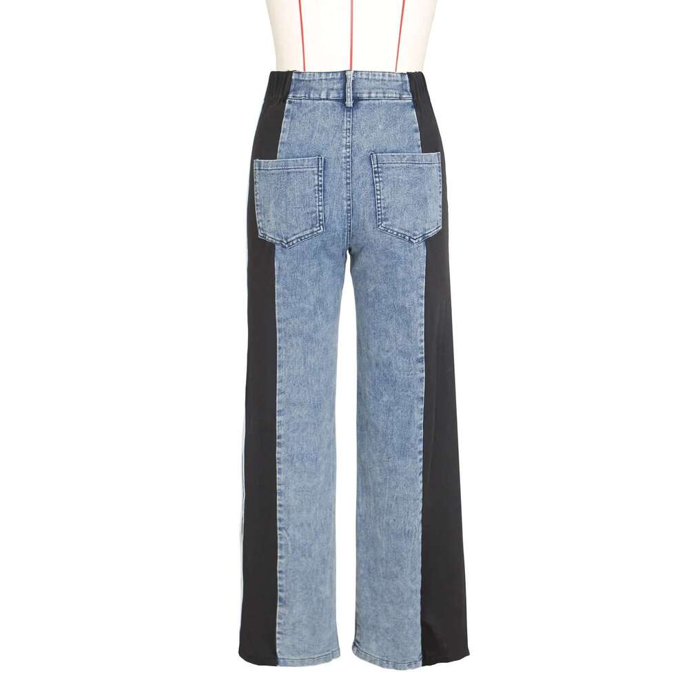Sideseam Striped Wide Leg Jeans Women High Waist Stretch Denim Pants Patchwork Colorblock Straight Trouser
