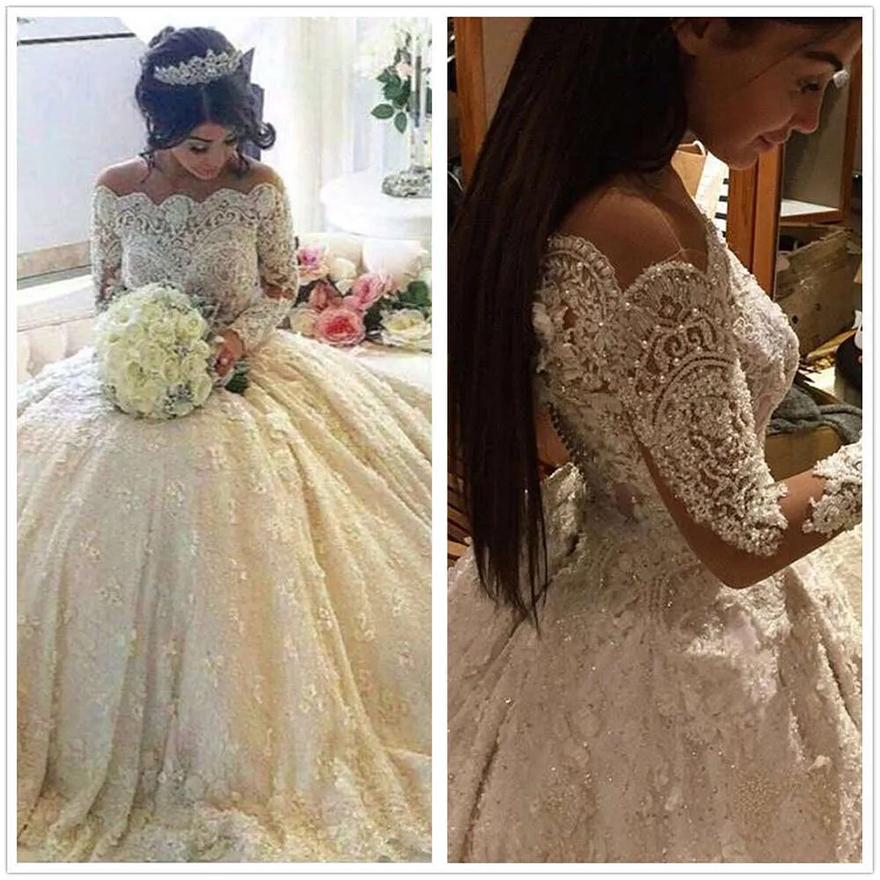 Bateau Elegant Winter Neck Sheer Long Sleeves Lace Ball Gown Dresses Beaded Pearls Chapel Train Wedding Bridal Gowns