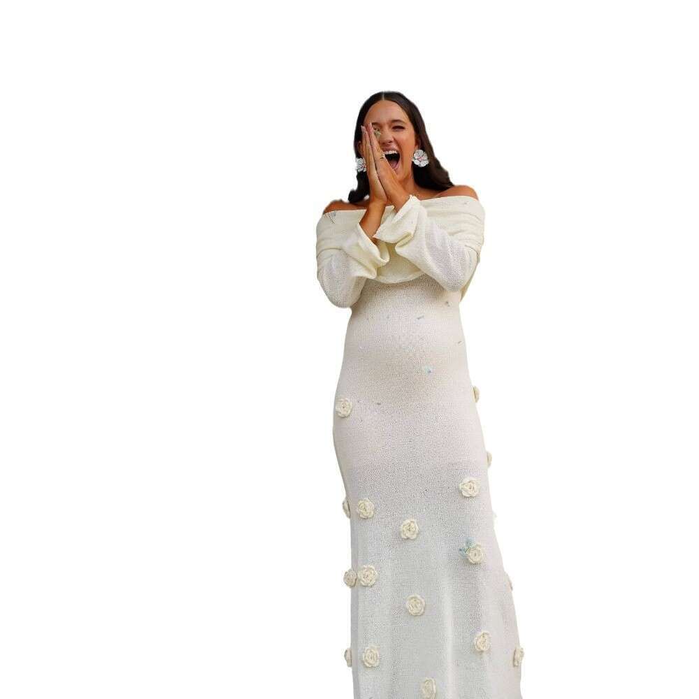 White Dress Maxi Dress 2024 New Women's Sexy Three-Dimensional Flower Long Skirt, One Shoulder Knitted Dress, Autumn And Winter Skirt KQ
