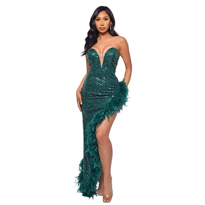 White Dress Maxi Dress Instagram Women's Strapless Backless Sequin Feather Dress For Women KQ
