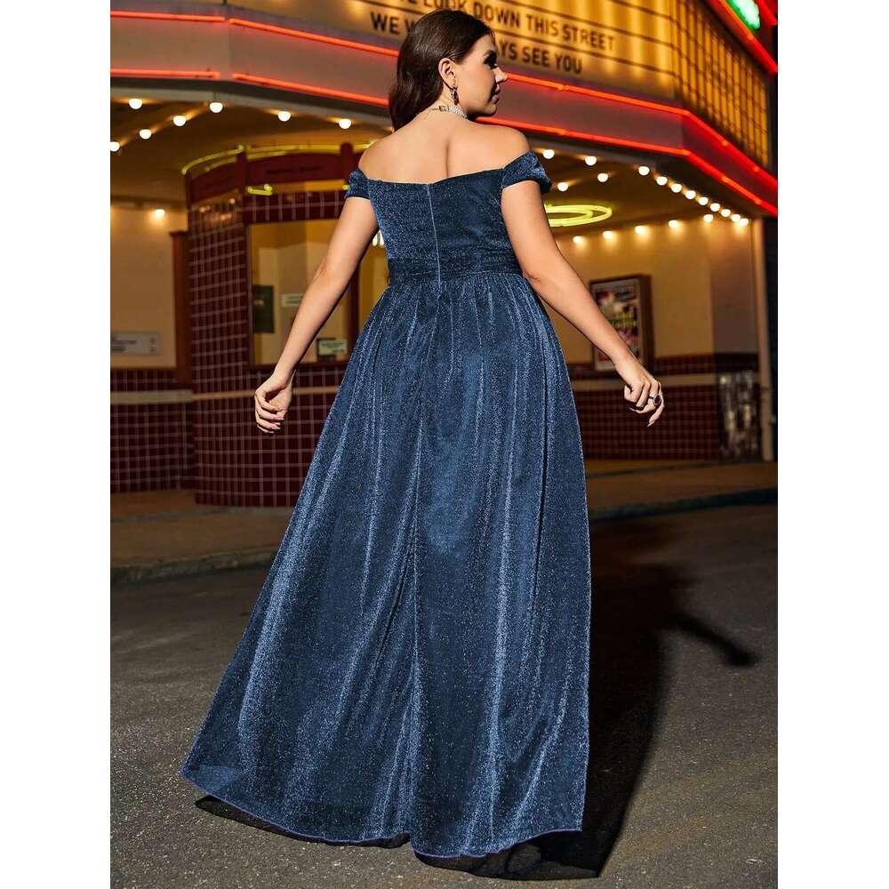 Mgiacy plus size Short sleeve line neck high slit gorgeous woven evening gown ball Party bridesmaid dress