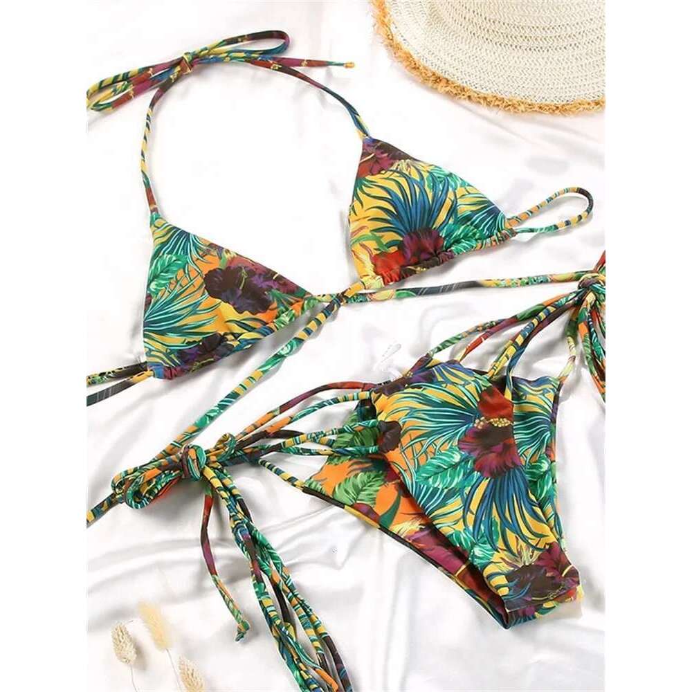Triangle Bikinis Set Bandage Swimwear Women's Two-Piece Swimsuit Sexy Bathing Suit Floral Printed Biquini Micro Thongs Beachwear