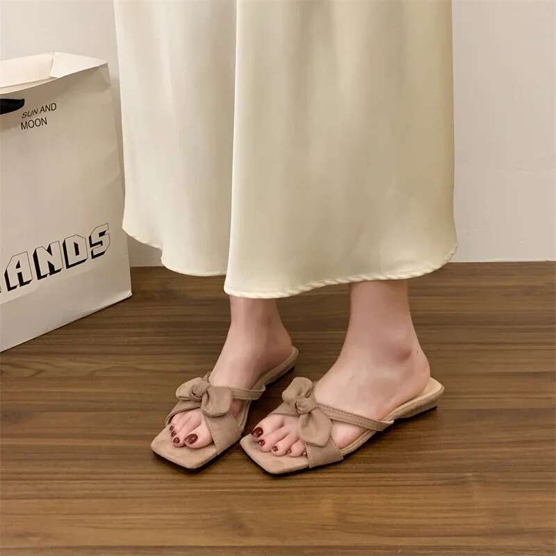 High-Heeled Shoes Lady Womens Slippers Outdoor Slides Pantofle Low Square Heel Fashion Butterfly-Knot Summer 2025 Block