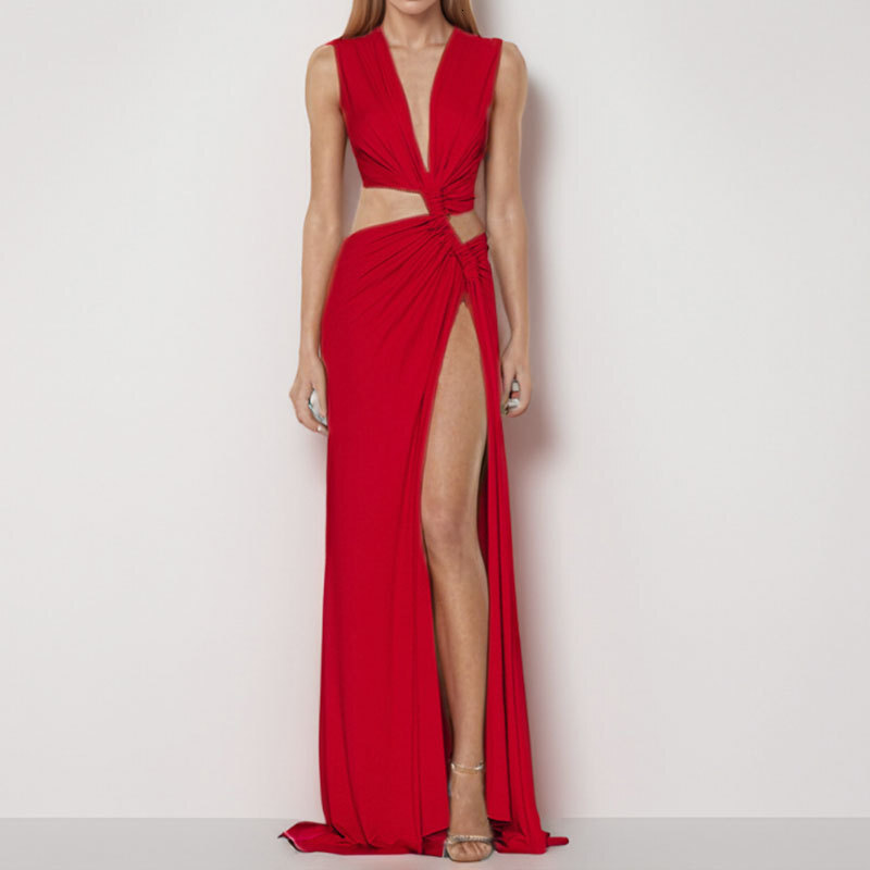 2025 spring womens fashion hollow knot slit V-neck sleeveless pleated irregular dress