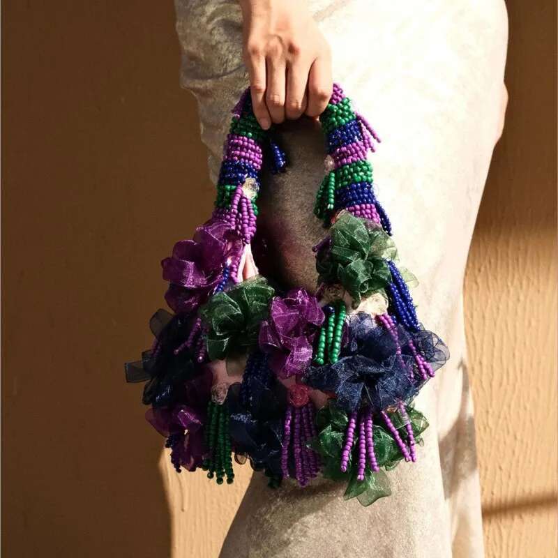 Handmade Bead Woven Pearl Flower Bucket For Women Handbag Beach Vacation Phone Clutch Party Bag