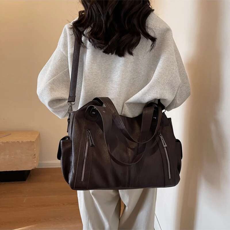 Fashion Zipper PU Handbag Large Capacity Shoulder 2025 High Quality Commuter Travel Bag Casual Women's B