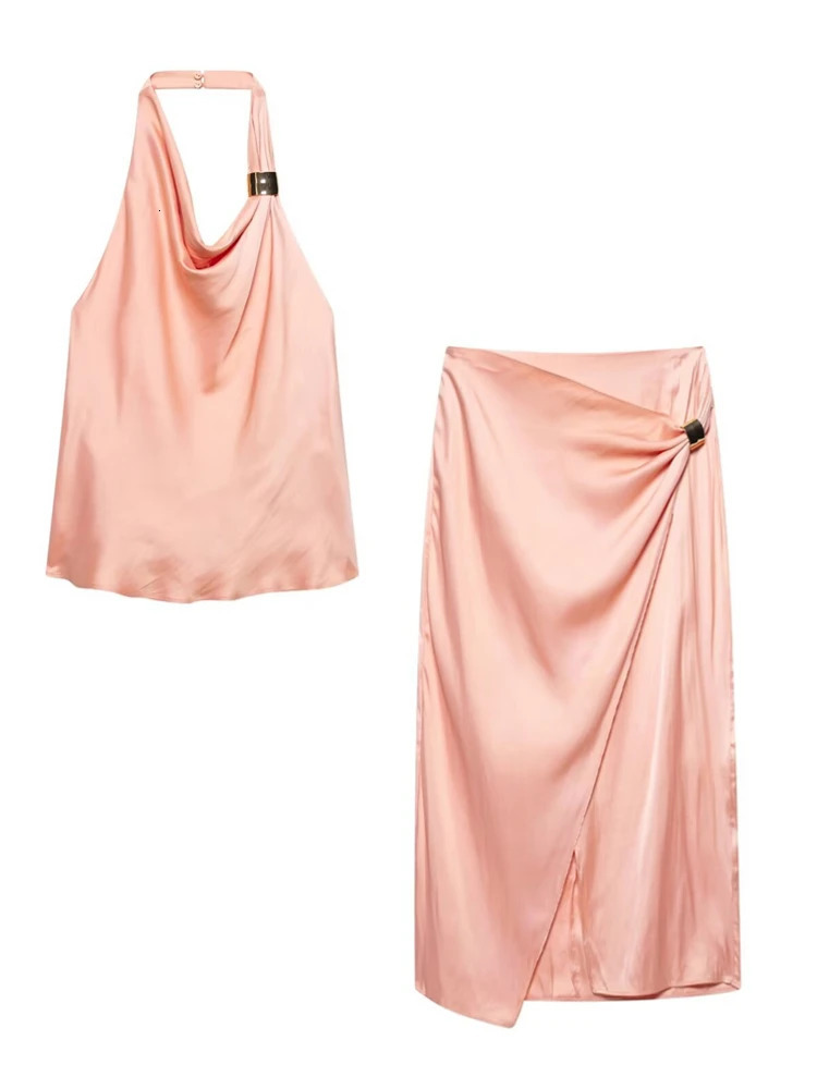 ZBZA Womens Gold Satin Backless Halterneck Top Goldembellished Silksatin High Waist Midi Skirt Summer Female Set 250515
