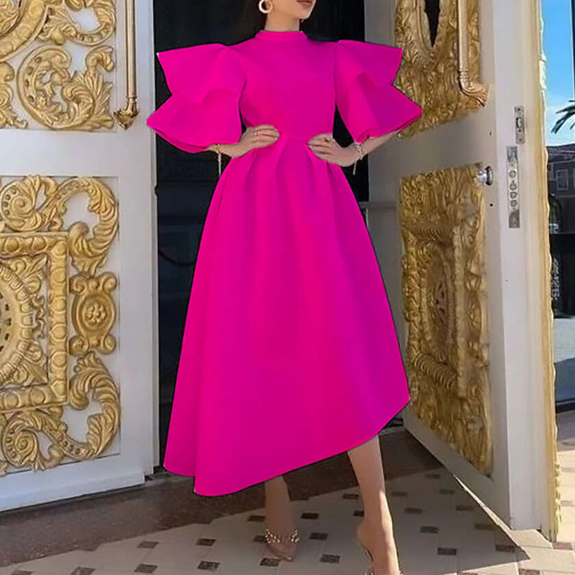 Women's 2024 Summer New Double layered Lotus Leaf Sleeve Solid Color Banquet Dress