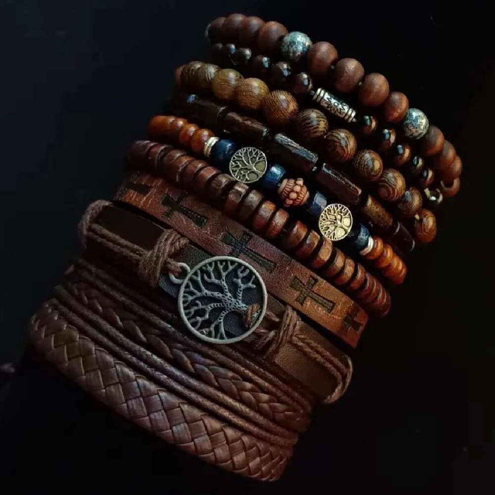 Khaki Tree 10 Pcs/Set Black Wrap Woven Fashion Handmade Male Women Leather Bracelets Men Bangle Wholesale Jewelry