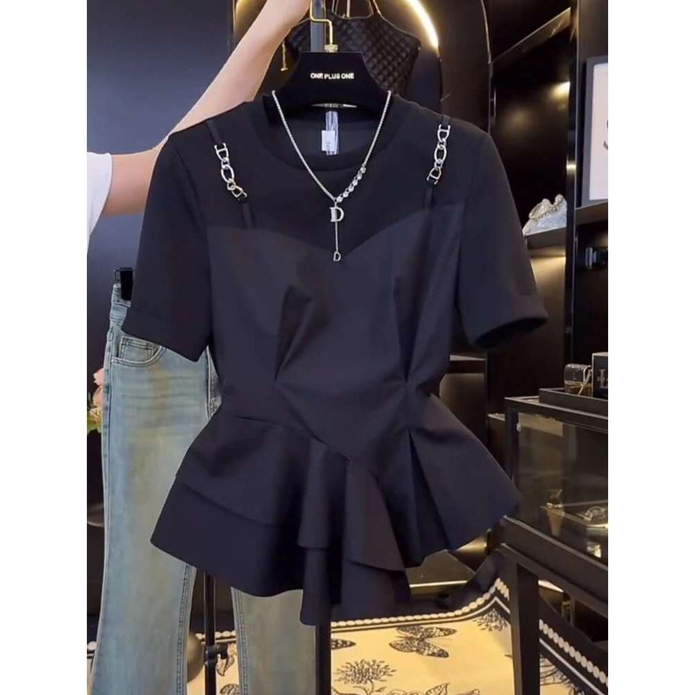 Black blouse female summer new irregular design slim fake two-piece short-sleeved T-shirt ruffled ing