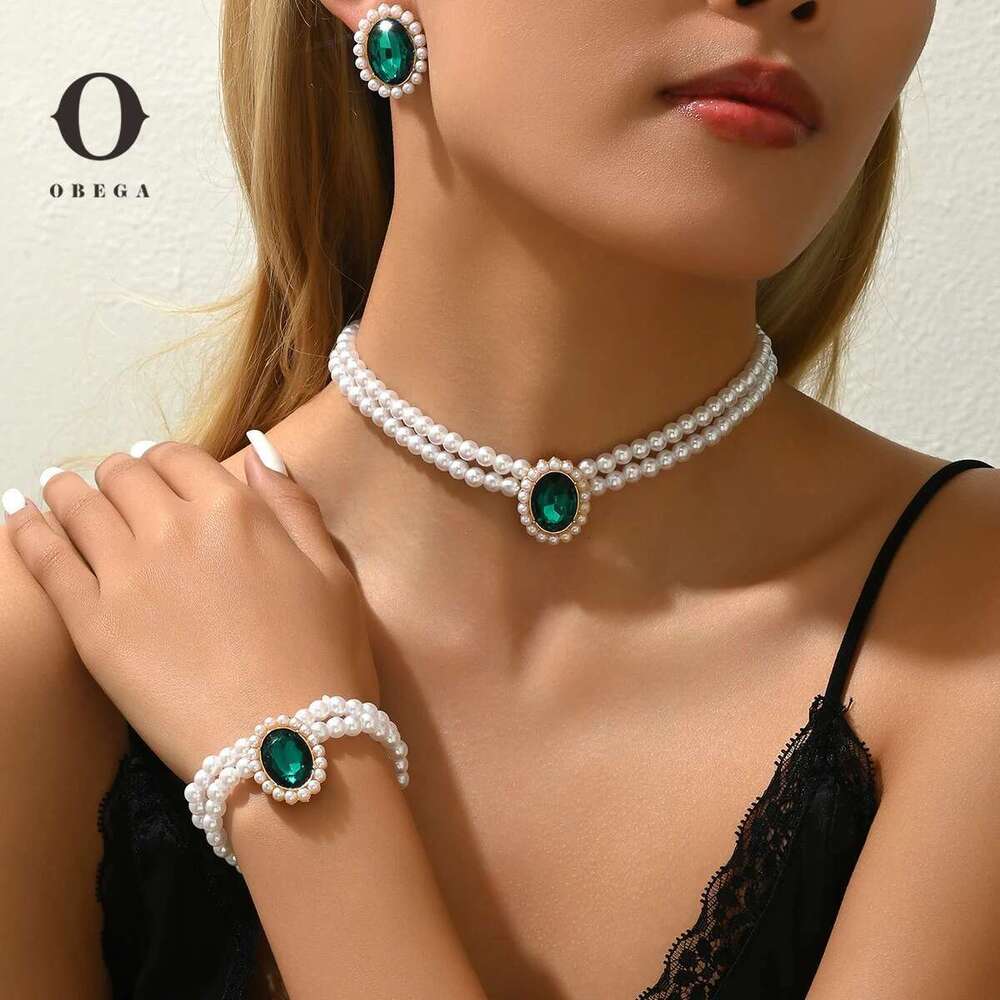 Obega 3 PCS Imitation Jewelry Set Oval Green Crystal Stone Multilayer Pearl Choker Necklace Charm Bracelet Elegant Earring