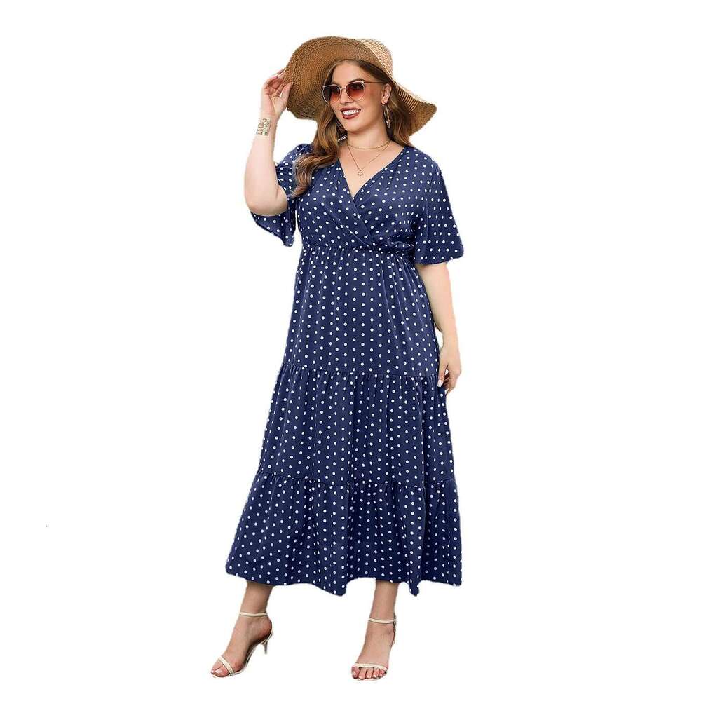 Plus Size Birthday Dress Vestidos De Noche Fulllace Summer New Product Womens Plus Size Polka Dot Casual Vacation Dress V-neck Elegant Large Swing Mid