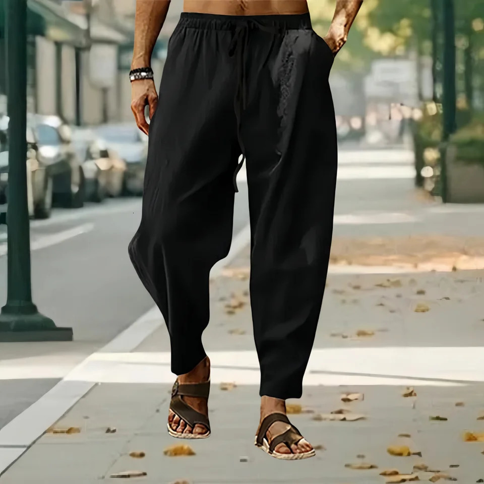 Men Cotton Linen Pants Summer and Autumn Solid High Waist WideLeg Trousers Male Loose Hemp Casual Breathable Sports 250515