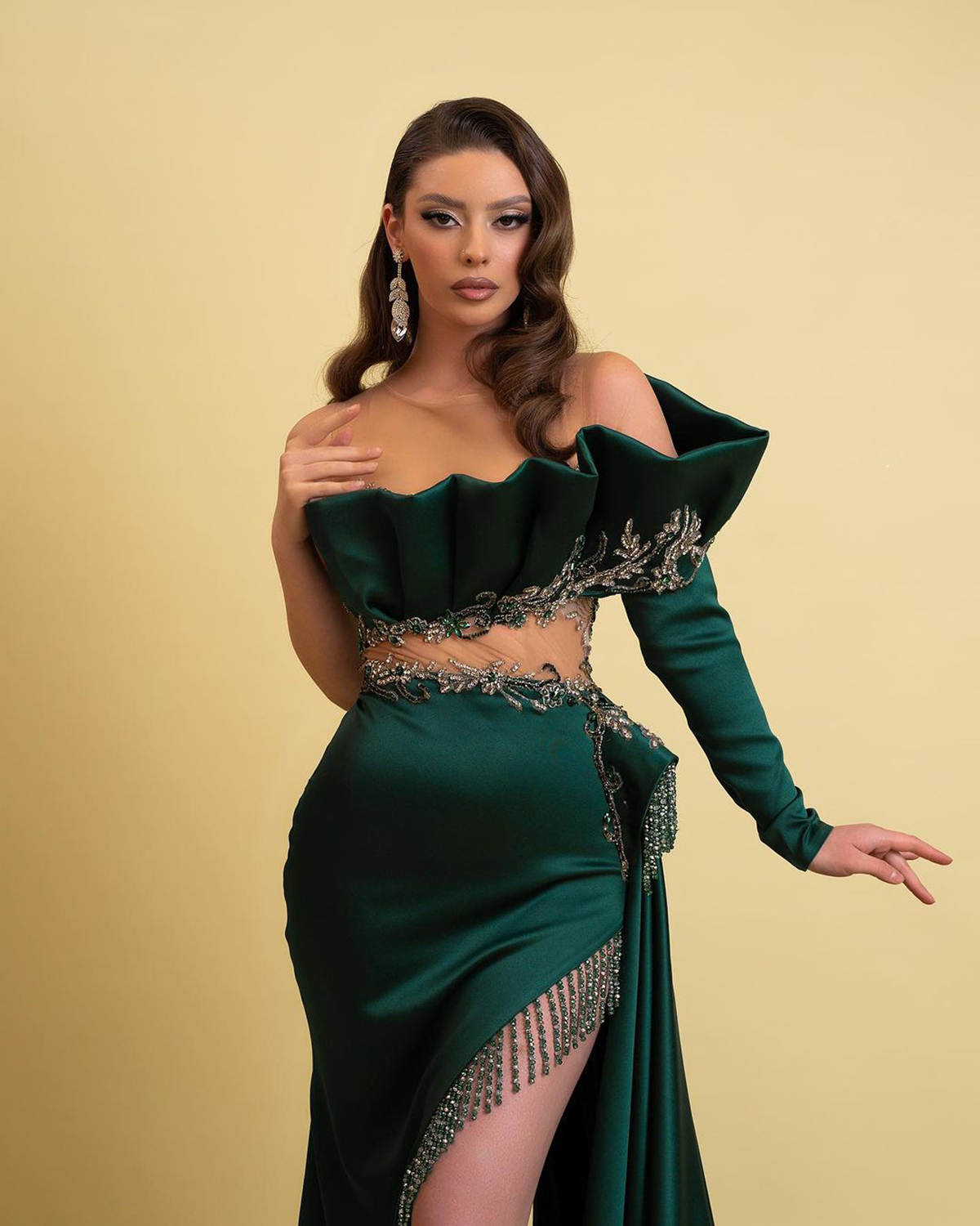 Elegant Mermaid Evening Dress Illusion One Shoulder Beads Prom Dresses Sexy Side Split Rhinestones Special Occasion Gowns