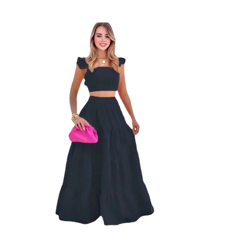 Dress Set Twopiece Womens Clothing Solid Color Sexy Suspender Large Swing Skirt Short Sleeved Square Neck Top Summer Outfits 250515