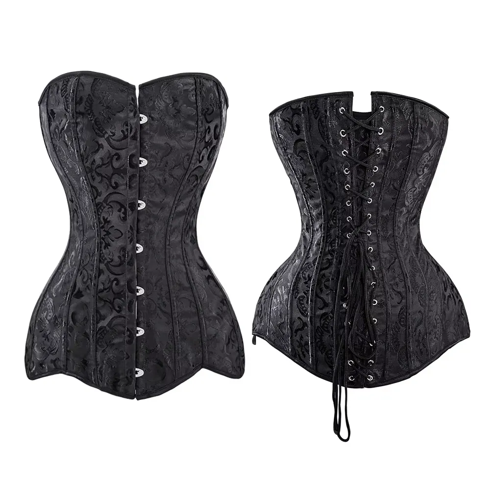 Top Hip Cover Clothing Korse Jacquard Steel Korset Steampunk Gorset Long Torso Overbust Corset Steel Boned Gothic White Black Bustier 6XL Plus Size Go