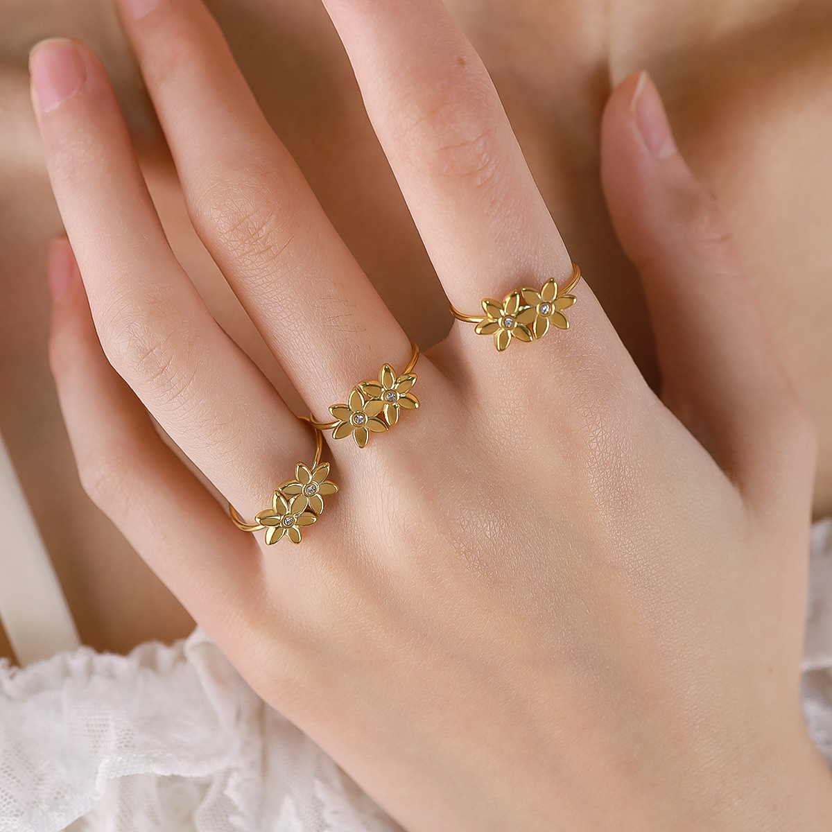 French Style Elegant Adjustable Floral Ring, 18K Gold Plated Titanium Steel Open Ring for Women