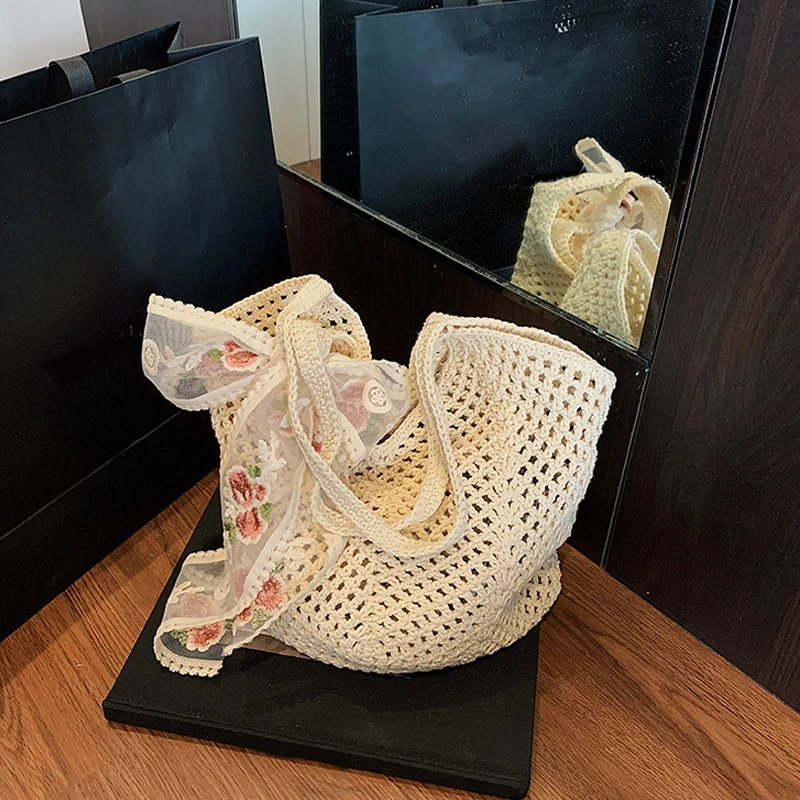Summer Beach Bag Mesh Women Woven Lace Bow Shoulder Purse Large Capacity Clutch Purse Solid Color Shopping Vacation Travel 250515