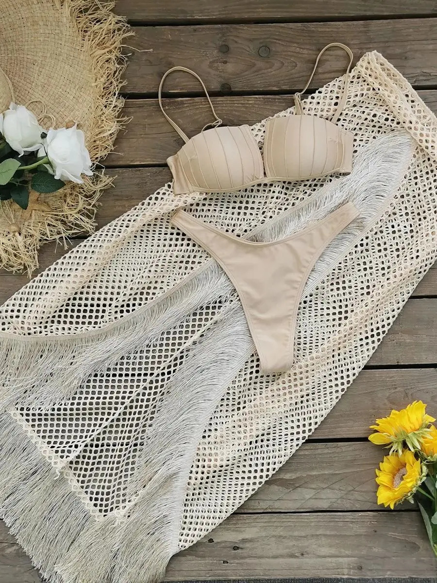 Sexy 3 Pcs Tassel Skirt Women Bikini and Skirt Underwire Swim Suit High Leg Bathing Suit Beach Vacation Casual Female Summer 250514
