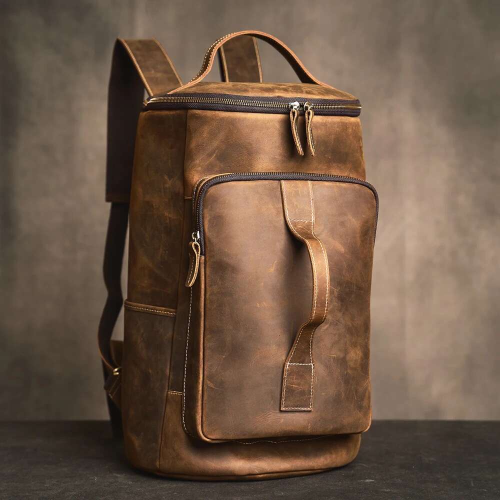Genuine Leather Men's Backpack Retro Outdoor Gym bag Cylinder Handbag Camping Commuter Laptop Bag