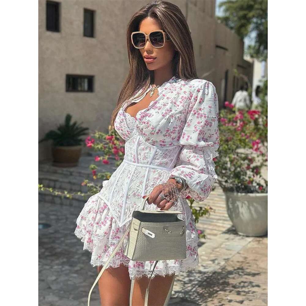 V-Neck Printed Lace Female Ruffled Fashion High Waist Slim Bandage Summer Short Party Women's Mini Dress