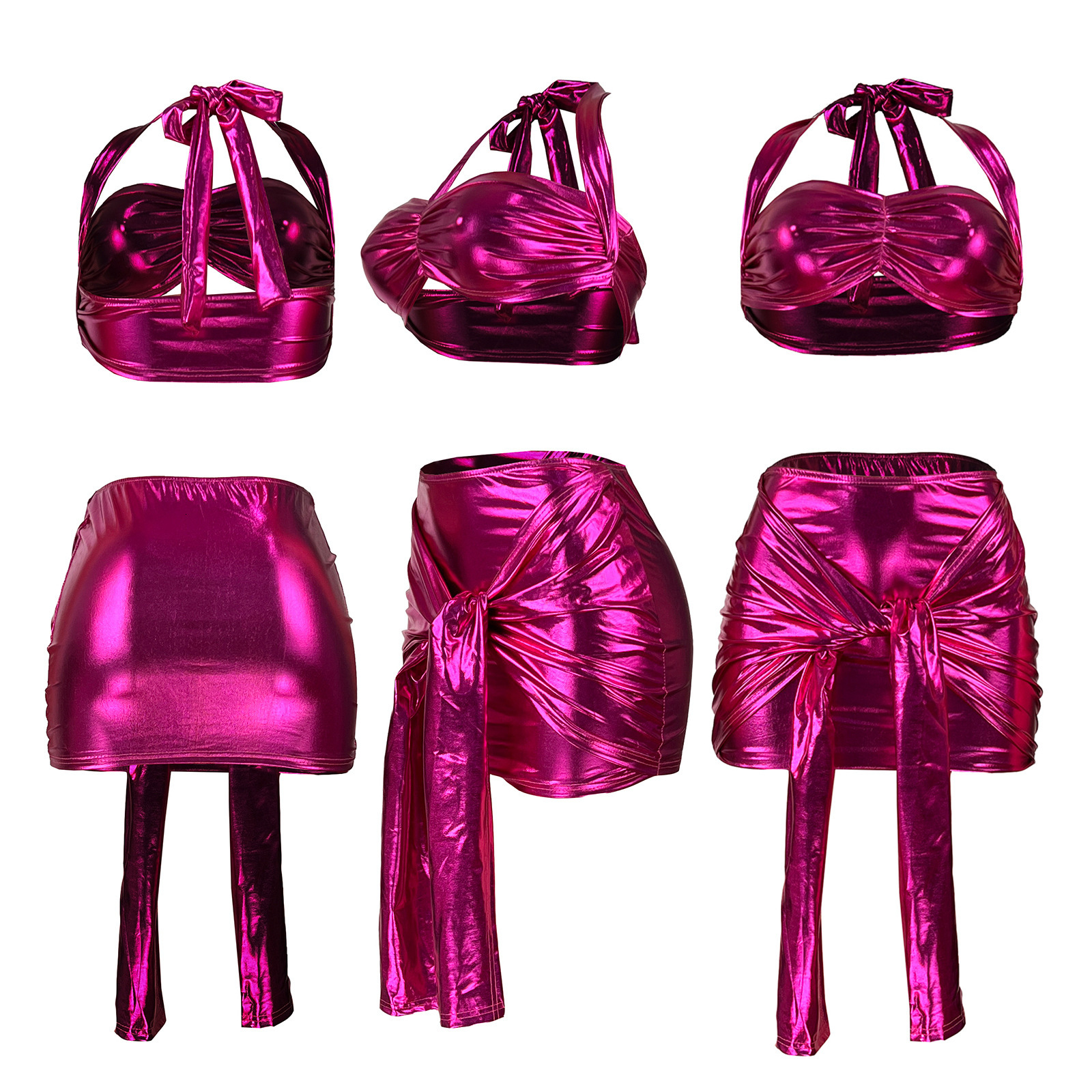 Hr8226 fashion womens lace up sexy night club style bronzing Elastic Leather Two Piece Set