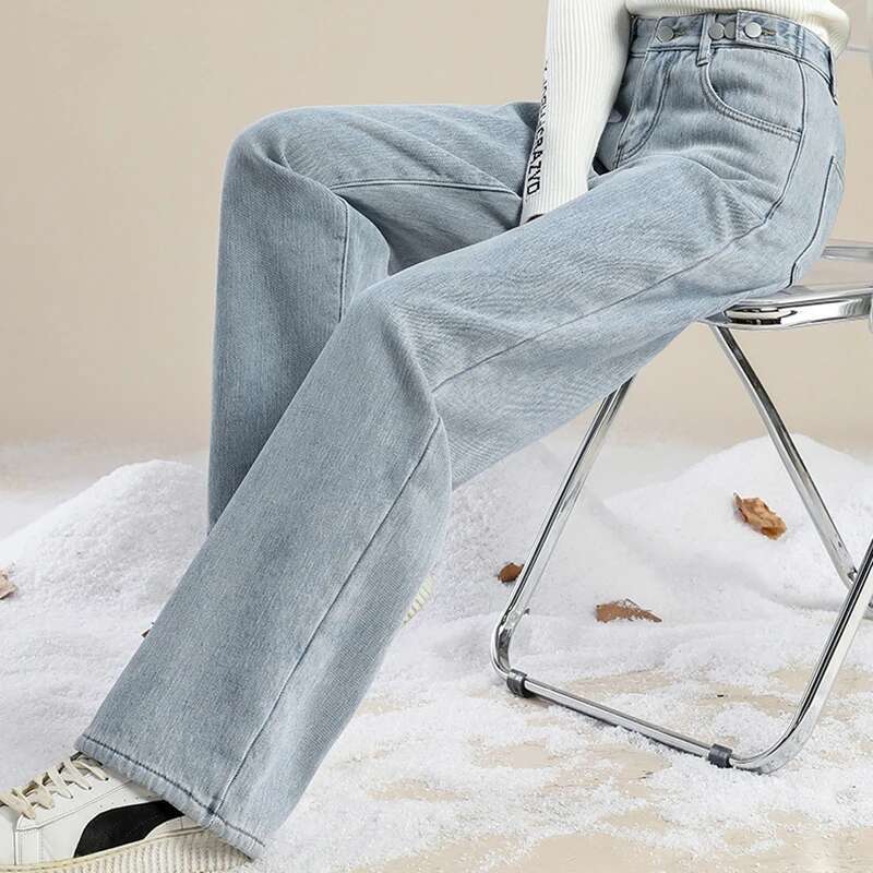 Woman High Waist Streetwear Thicken Jeans Female Fashion Baggy Pants Lady Black Grey Light Blue Punk Thermal Denim Trousers Designer