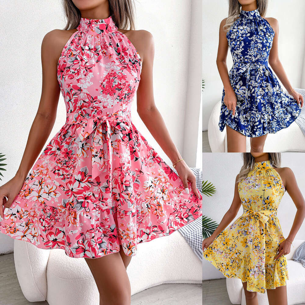 Internet celebrity takes real photos of spring and summer style temperament, lace up ruffle hem, big swing floral dress, women's clothing, 2025 n
