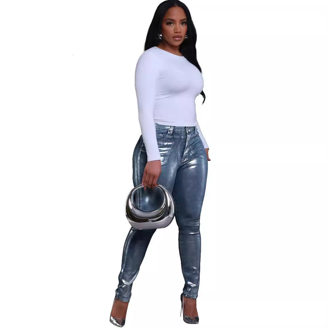 HR88011 womens clothing hot stamping technology hot stamping silver tight elastic jeans