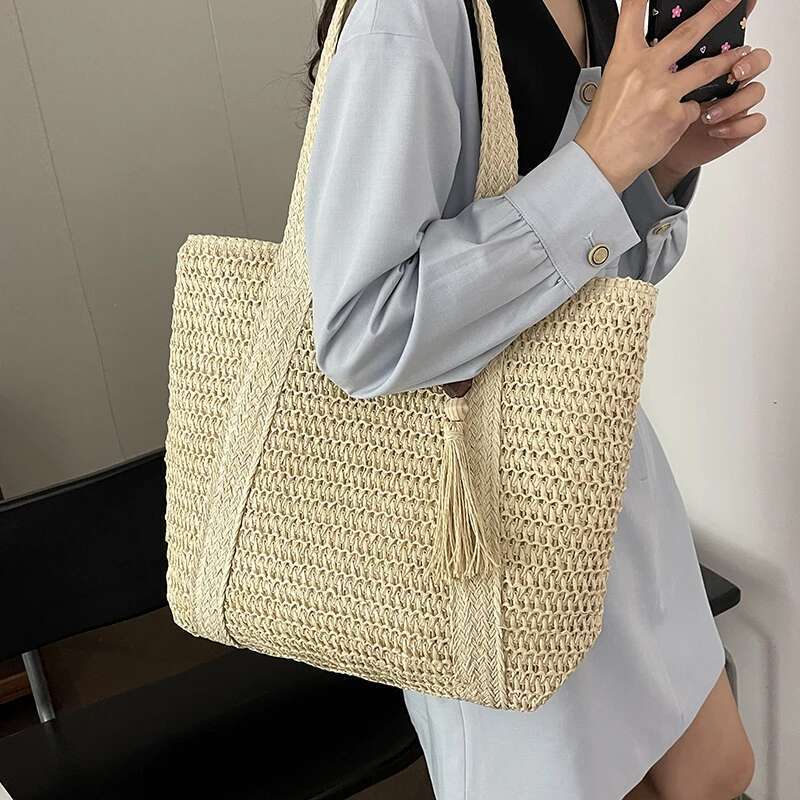 Summer Woven Women Beach Shoulder Bag Female Straw Knitted Handmade Large Capacity Handbag Purse Travel Tote Bags