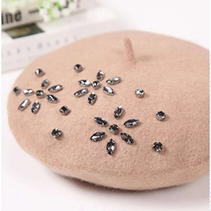 VISROVER Woman Wool Winter Beret DIY Female Rhinestone Wool Cap Autumn Winter Hat Solid Color Top Quality Women Boina Wholesales 250514