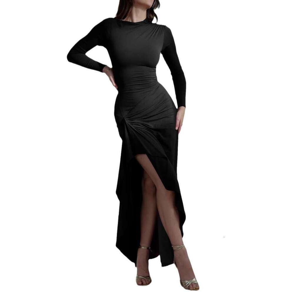 2024 autumn and winter new long sleeved slim fit fashionable INS casual lace up elastic dress