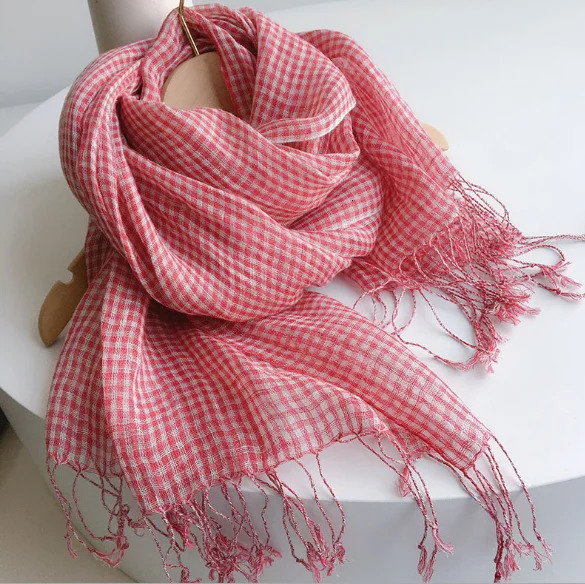 100% linen small plaid scaves summer spring japanese style crepe air conditional shawls black white check weaved pashmina wraps 250514