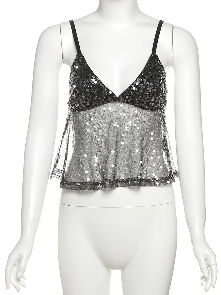Nibber Sequins Patchwork Mesh Camisole Womens vNeck Sexy Backless Summer Trend Street Midnight Versatile tie Classic Tops 250515