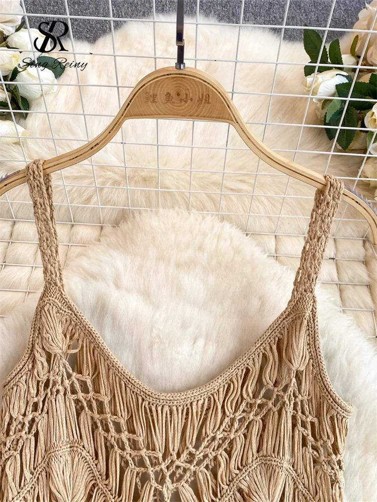 SINGREINY Retro Knitted Shirt Bohemian Vacation Beach style Summer Tank Women Strap Sleeveless Long Tassel Tops 250515